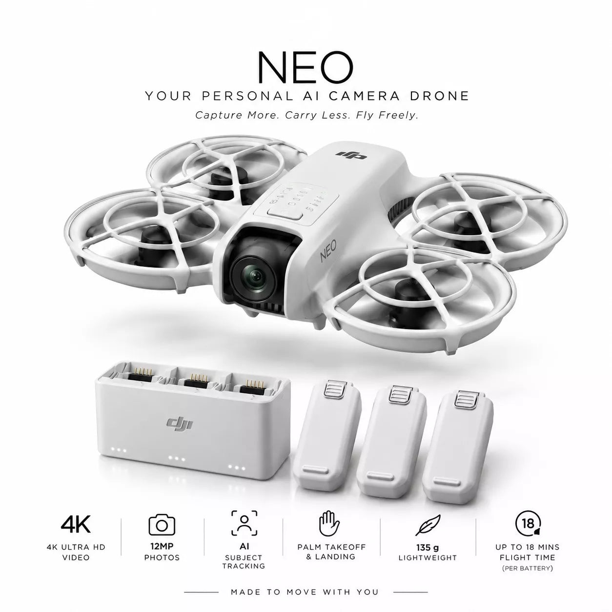 Neo 4K AI Camera Drone | 3 Batteries + Charging Hub | AI Tracking & Palm Takeoff
