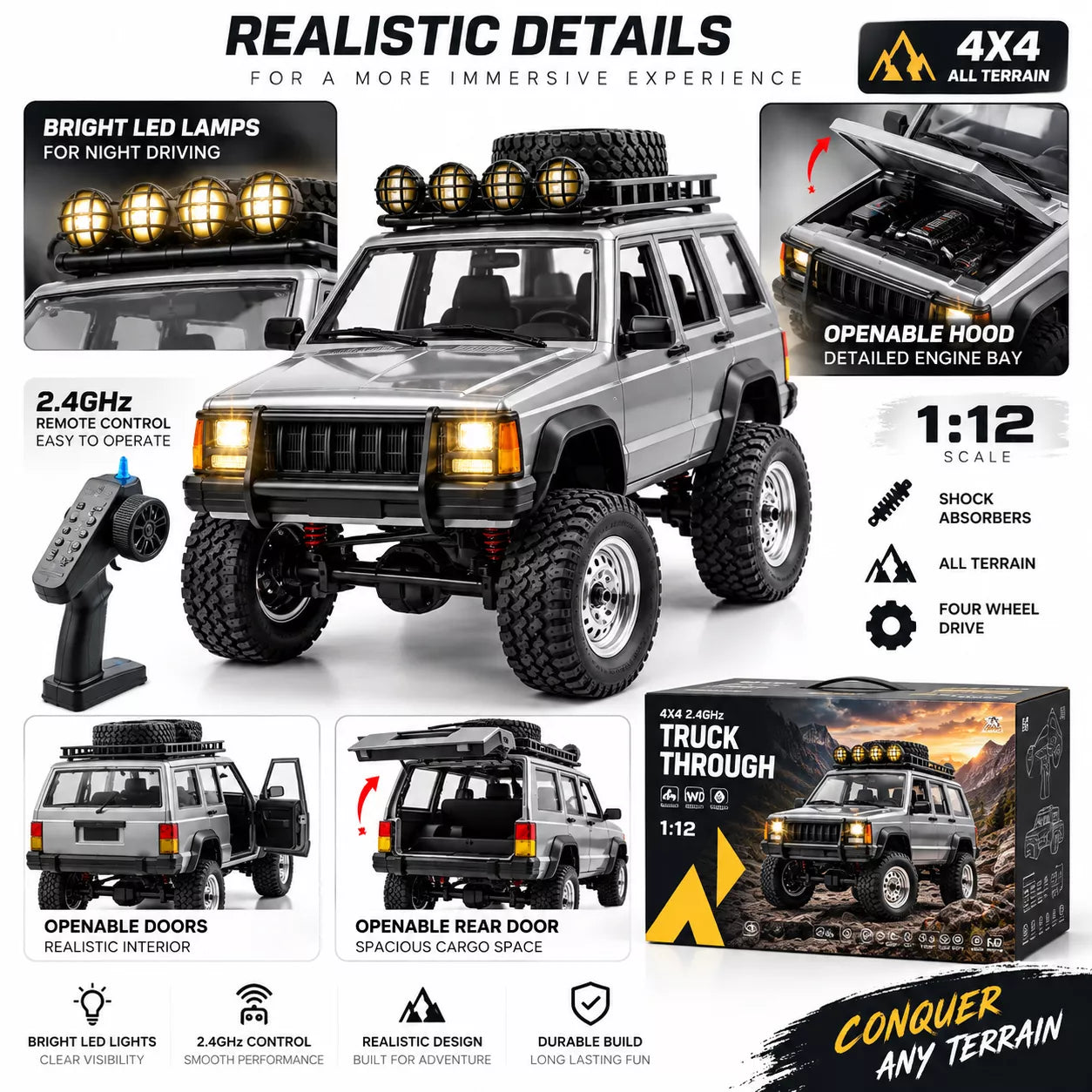 1:12 4WD Hobby Grade RC Crawler Off-Road Truck with 2.4GHz Remote, LED Lights & Rechargeable Battery