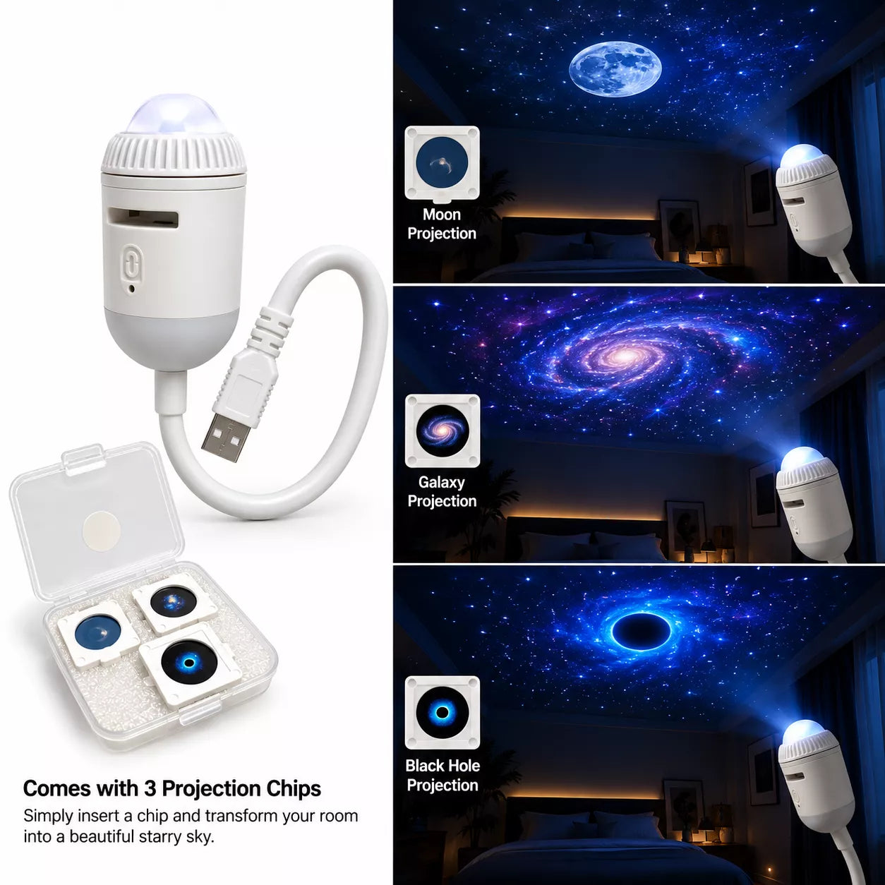 USB Starry Sky Projector with 3 Projection Chips | Moon, Galaxy & Black Hole Night Light