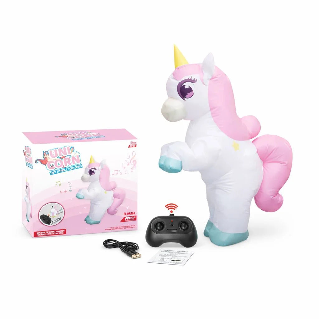 Inflatable unicorn toy with remote control and packaging on a white background