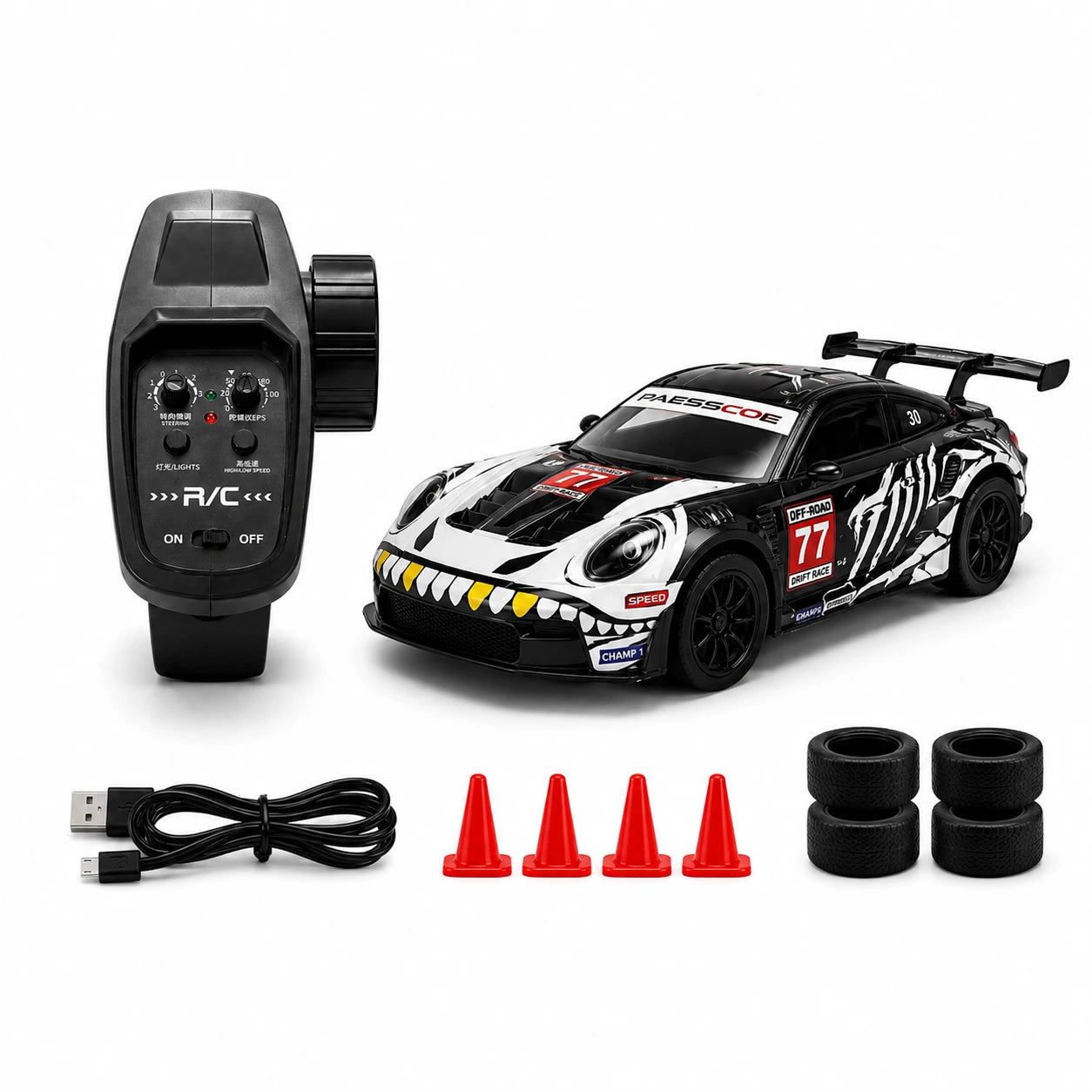 D43-01Q16 Porsche 911 Black Dinosaur Edition 1:43 4WD RC Drift Car with Gyro & LED Lights