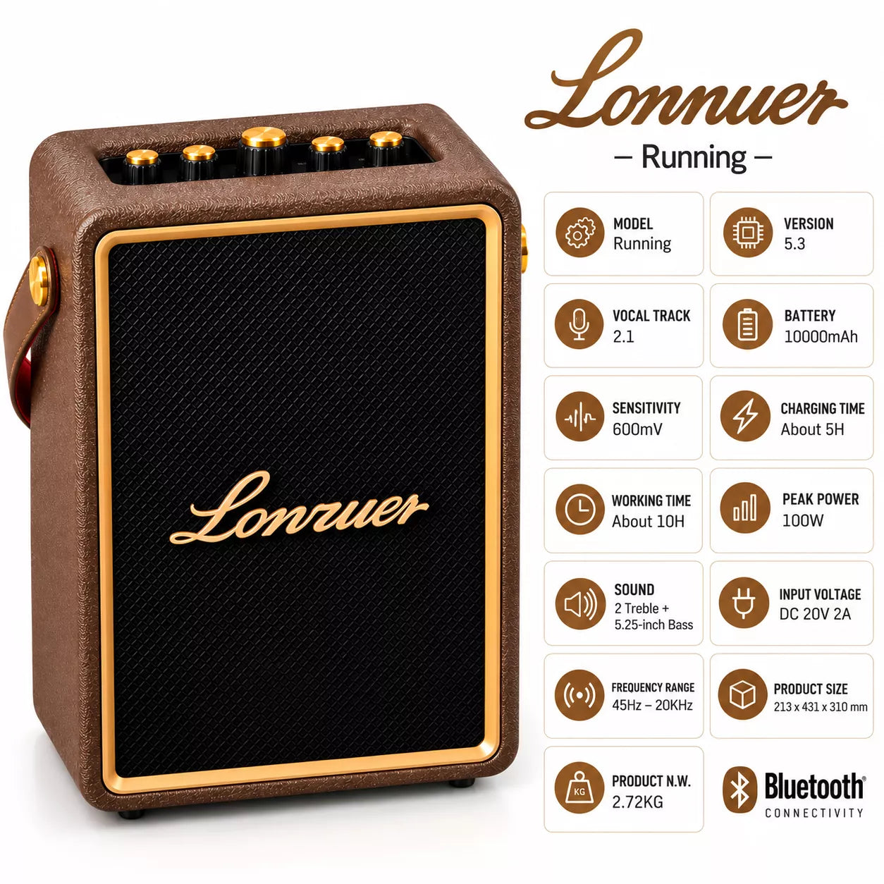 Lonzuer Running 100W Peak Power Bluetooth Speaker with 2 Wireless Microphones | 10,000mAh Battery