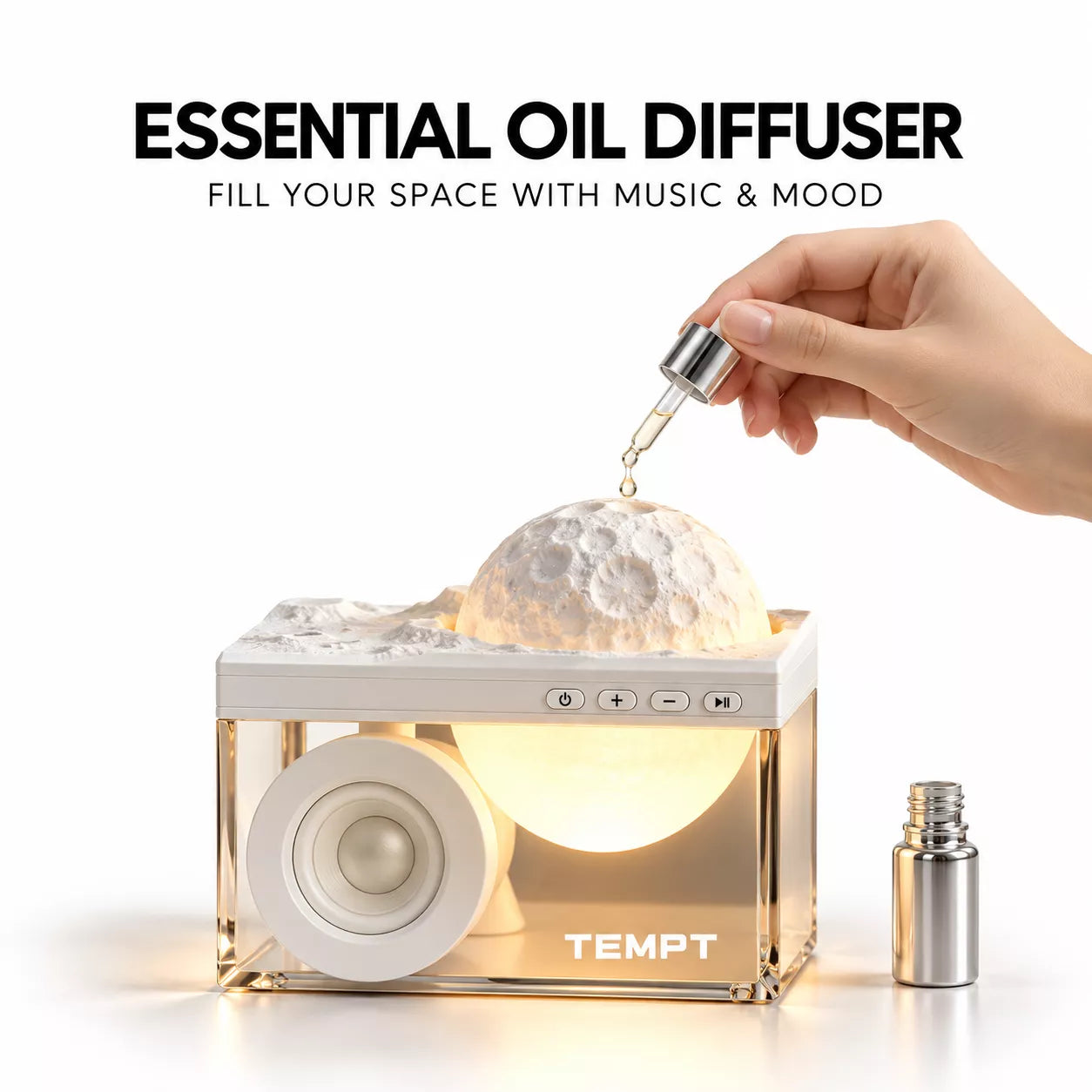 TEMPT Privee Lunar 4-in-1 Bluetooth Speaker with Moon Lamp & Aroma Diffuser | 8W, 40H Playback