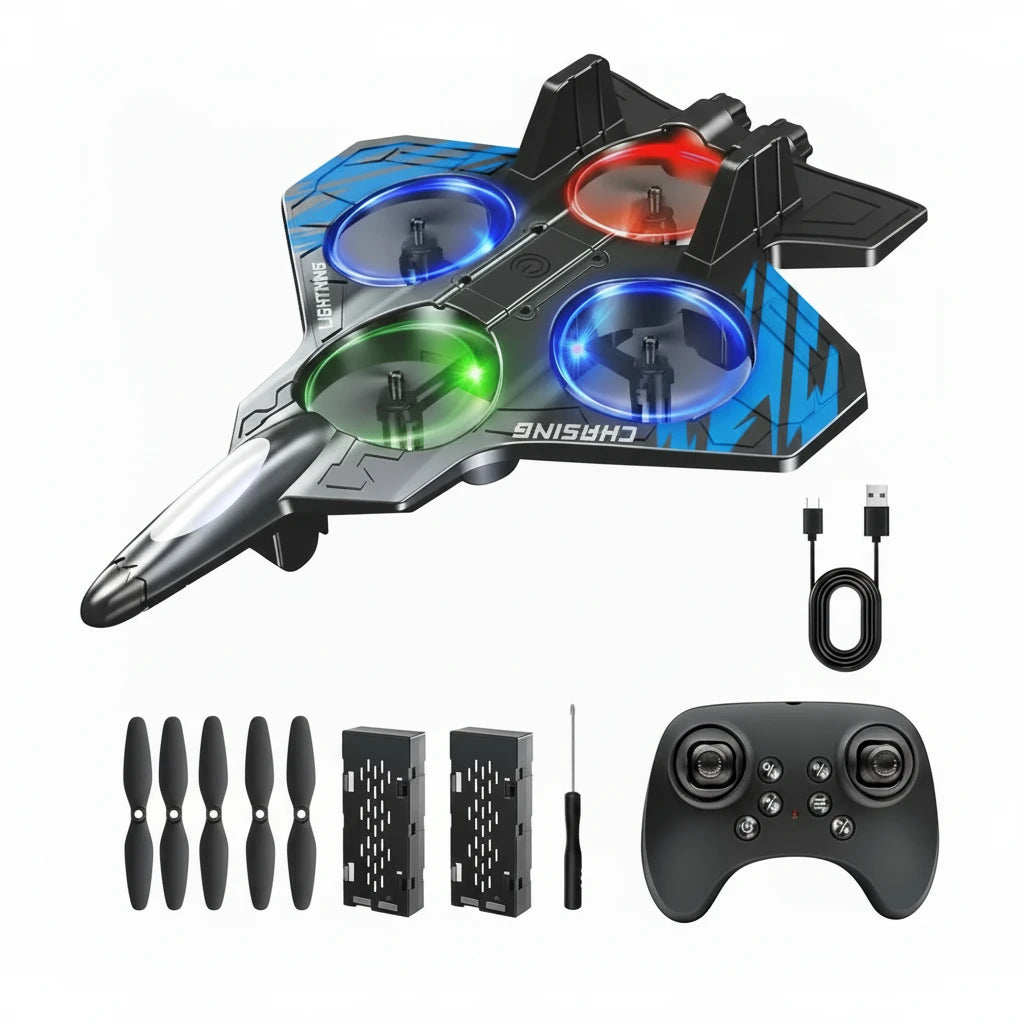 Toy drone with colorful lights, remote control, and accessories on a white background