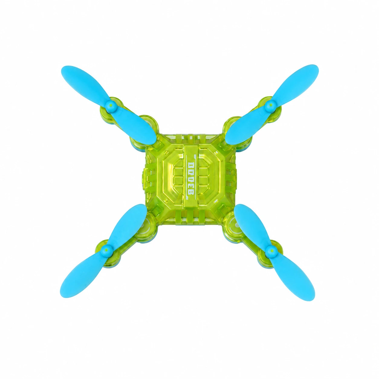 Green toy drone with blue propellers on a white background
