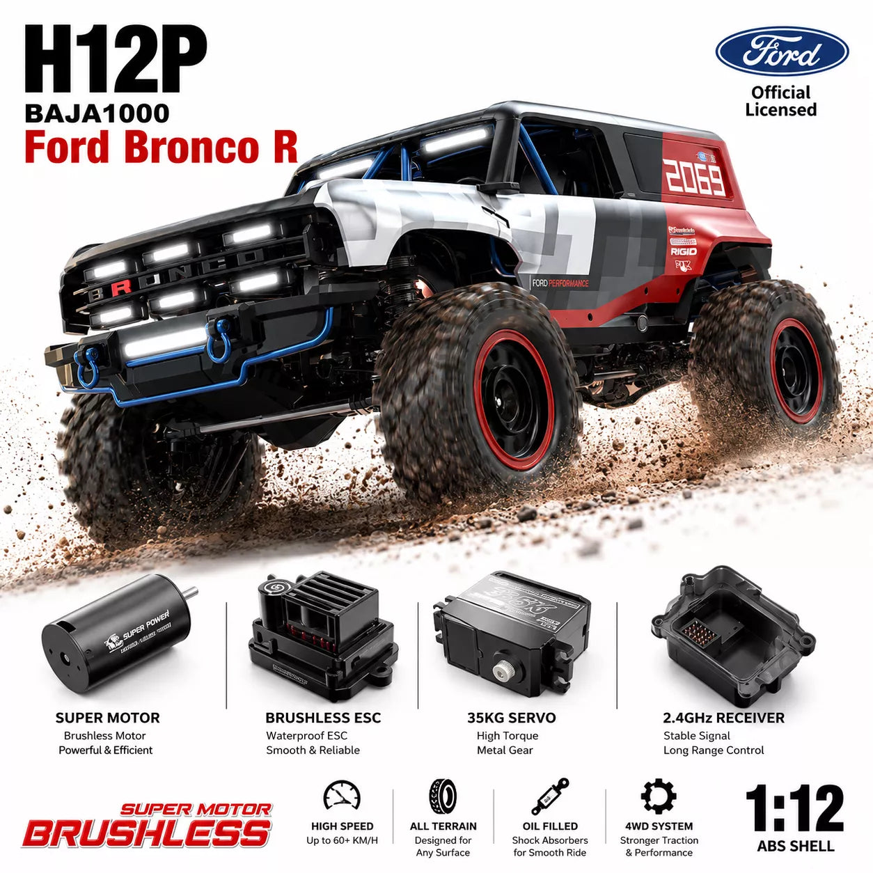 MJXRC H12P 1:12 Ford Bronco Baja 1000 Officially Licensed 4WD Brushless RC Crawler