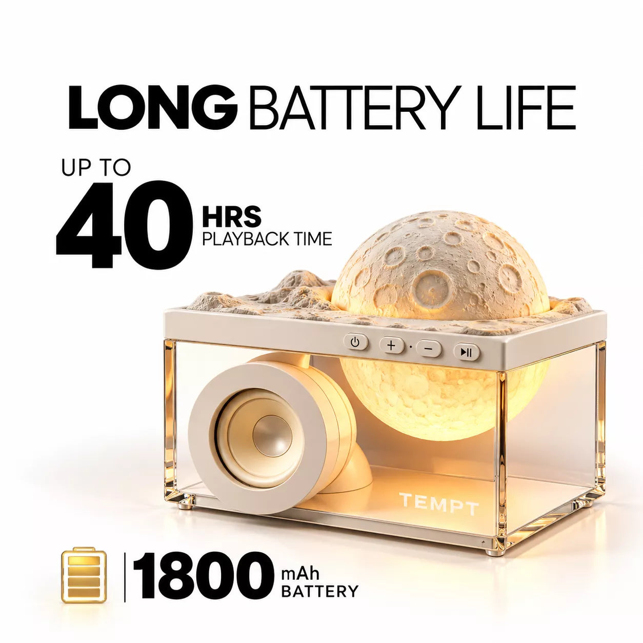 TEMPT Privee Lunar 4-in-1 Bluetooth Speaker with Moon Lamp & Aroma Diffuser | 8W, 40H Playback