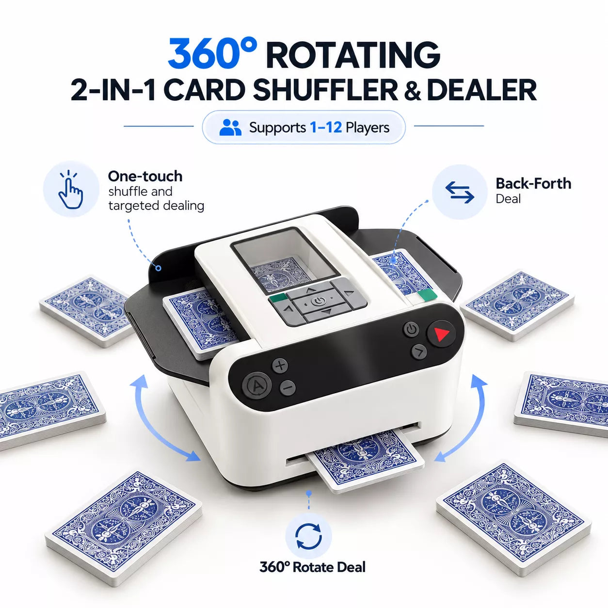 Card Distribution Machine | 2-in-1 Automatic Card Shuffler & Dealer | 360° Rotating, 2–8 Players