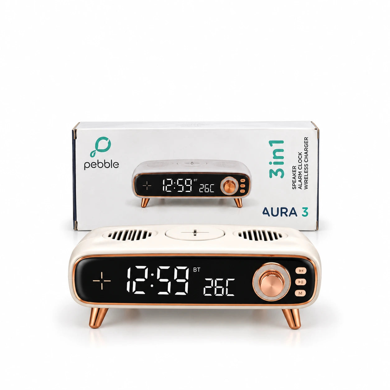 Pebble Aura 3, 3-in-1 Bluetooth Speaker, Alarm Clock & Wireless Charger