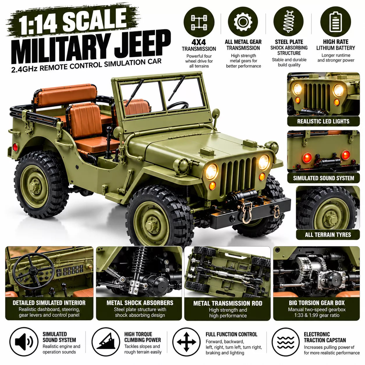 1:14 Full Metal Military Jeep RC Car | 2.4GHz 4WD, 2-Speed Gearbox, Metal Transmission, Lights & Sound