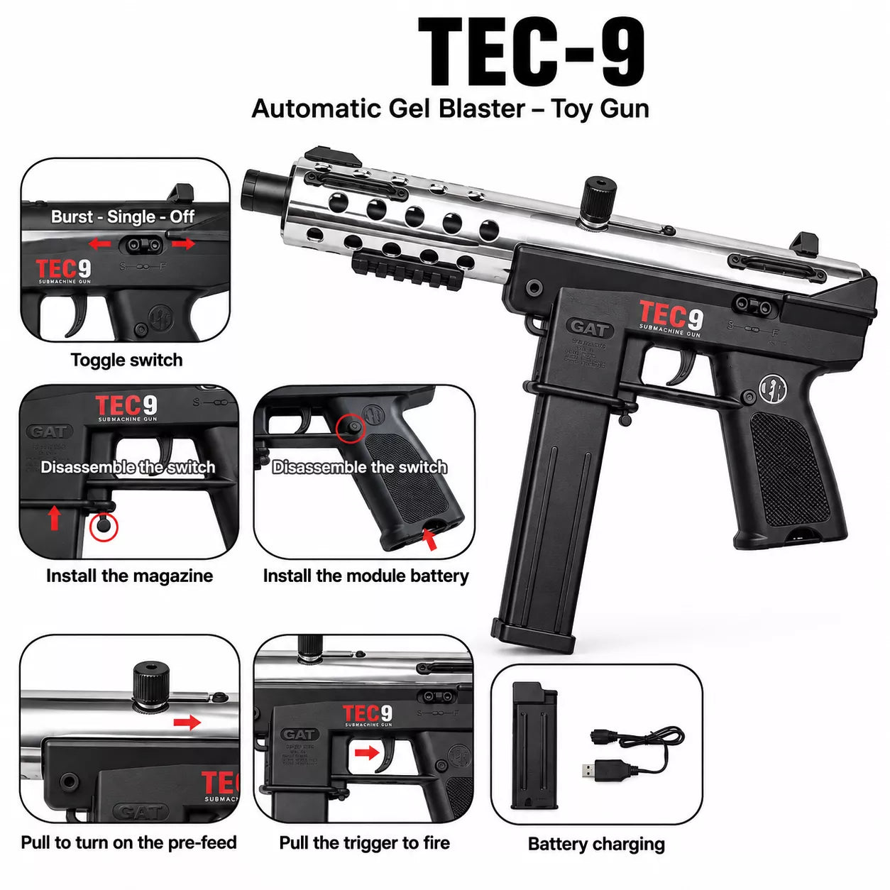 Tec-9 Electric Gel Blaster Gun (Hobby Grade)