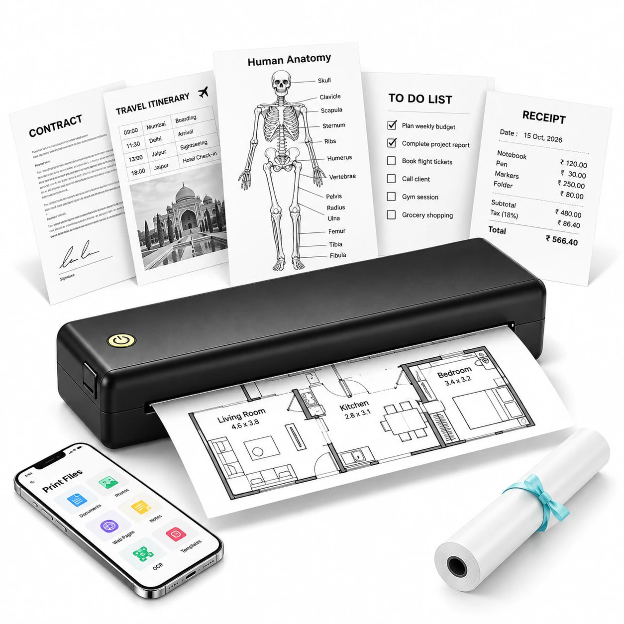 A43 Portable A4 Thermal Printer | Wireless Inkless Document Printer