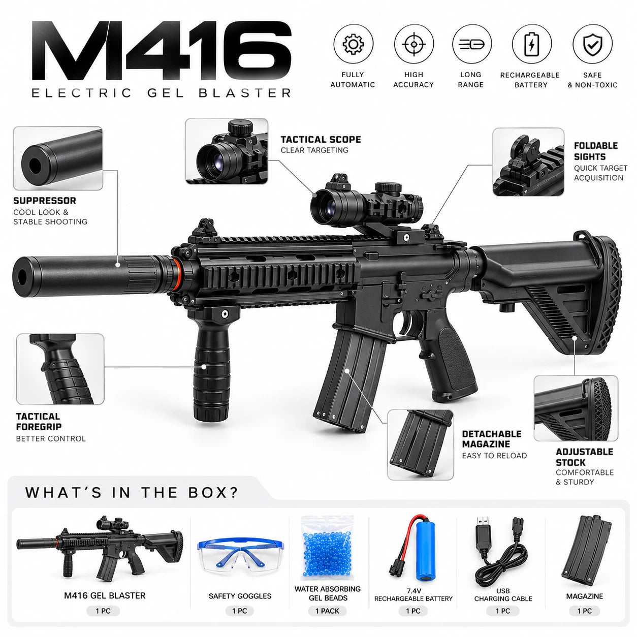 M416 Electric Crystal Gel Ball Blaster Toy with 7.4V Battery & Safety Goggles