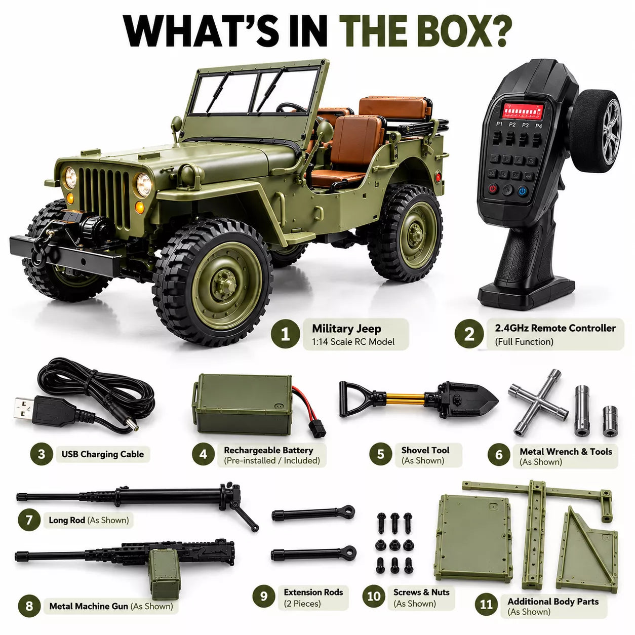 1:14 Full Metal Military Jeep RC Car | 2.4GHz 4WD, 2-Speed Gearbox, Metal Transmission, Lights & Sound