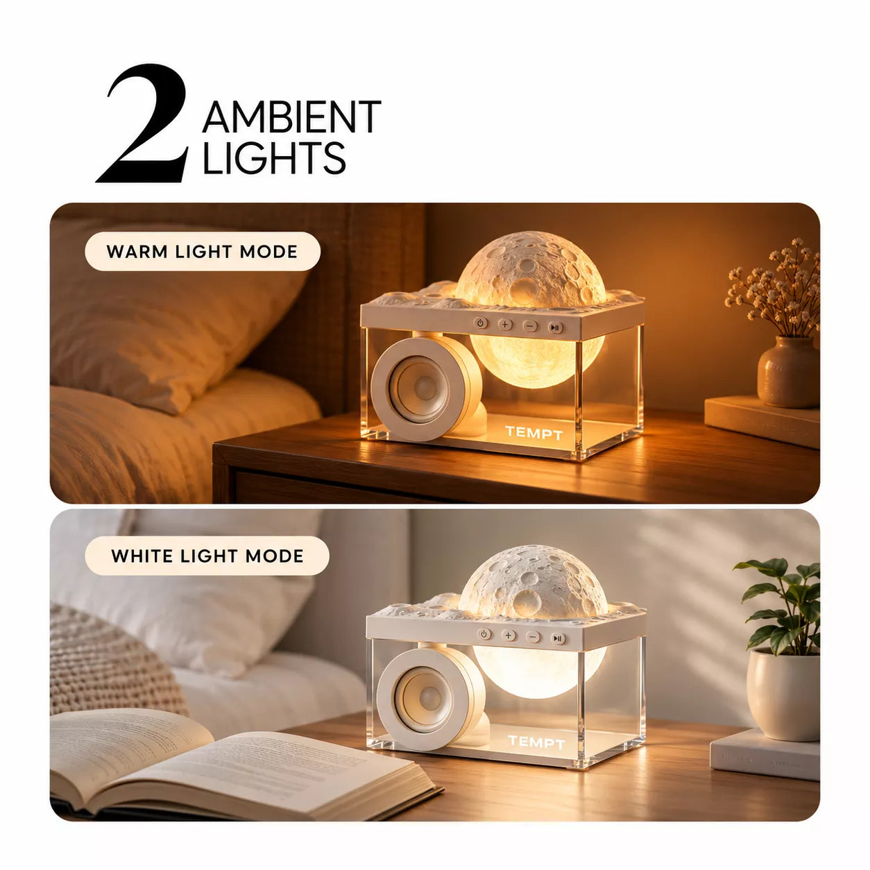 TEMPT Privee Lunar 4-in-1 Bluetooth Speaker with Moon Lamp & Aroma Diffuser | 8W, 40H Playback