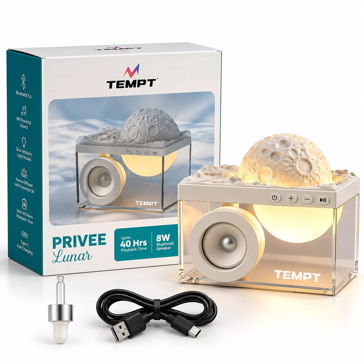 TEMPT Privee Lunar 4-in-1 Bluetooth Speaker with Moon Lamp & Aroma Diffuser | 8W, 40H Playback