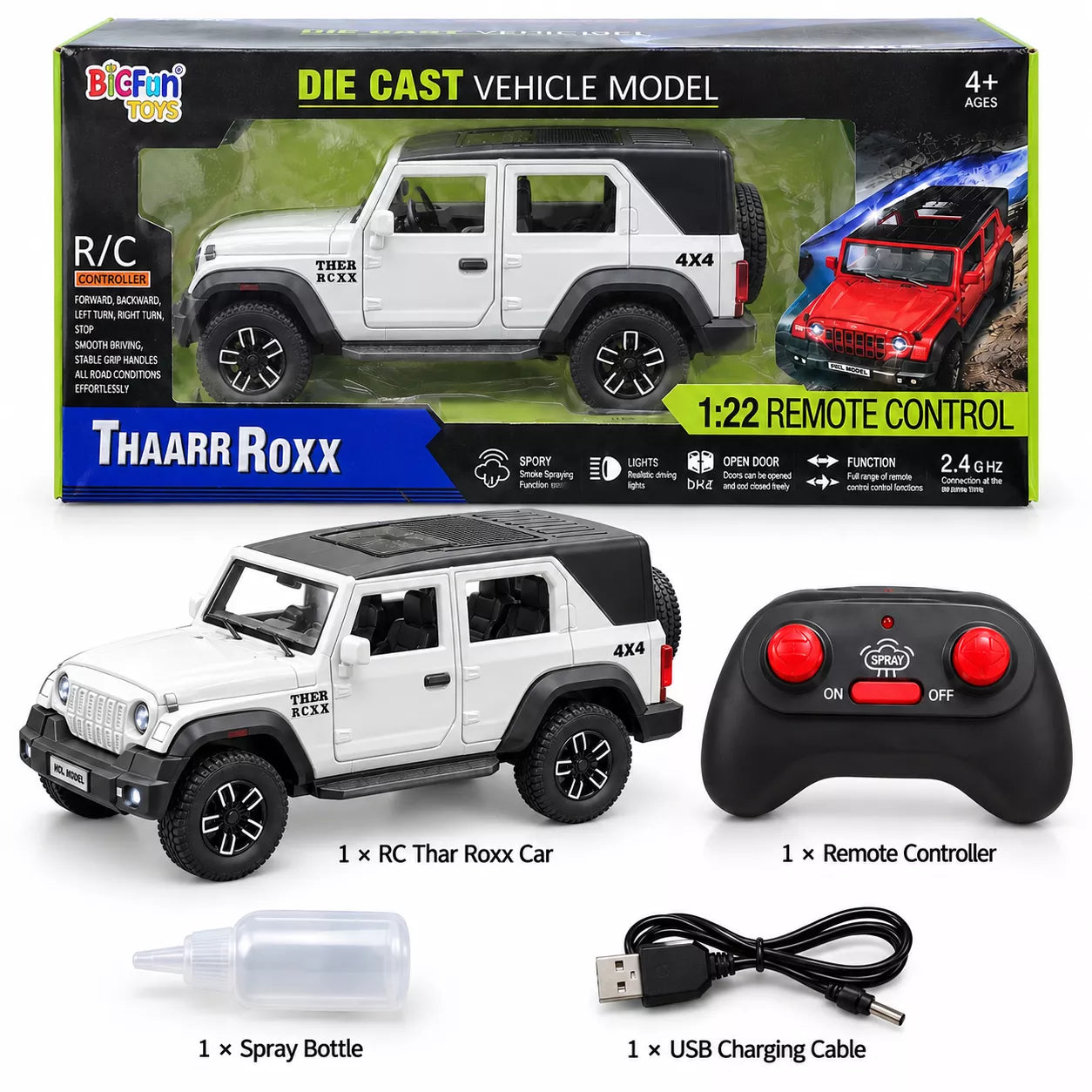 RC Thar Roxx 1:22 Die-Cast Metal Remote Control Car | 2.4GHz 4x4 SUV with Lights, Openable Doors, Spray Effect & 2-Speed Modes