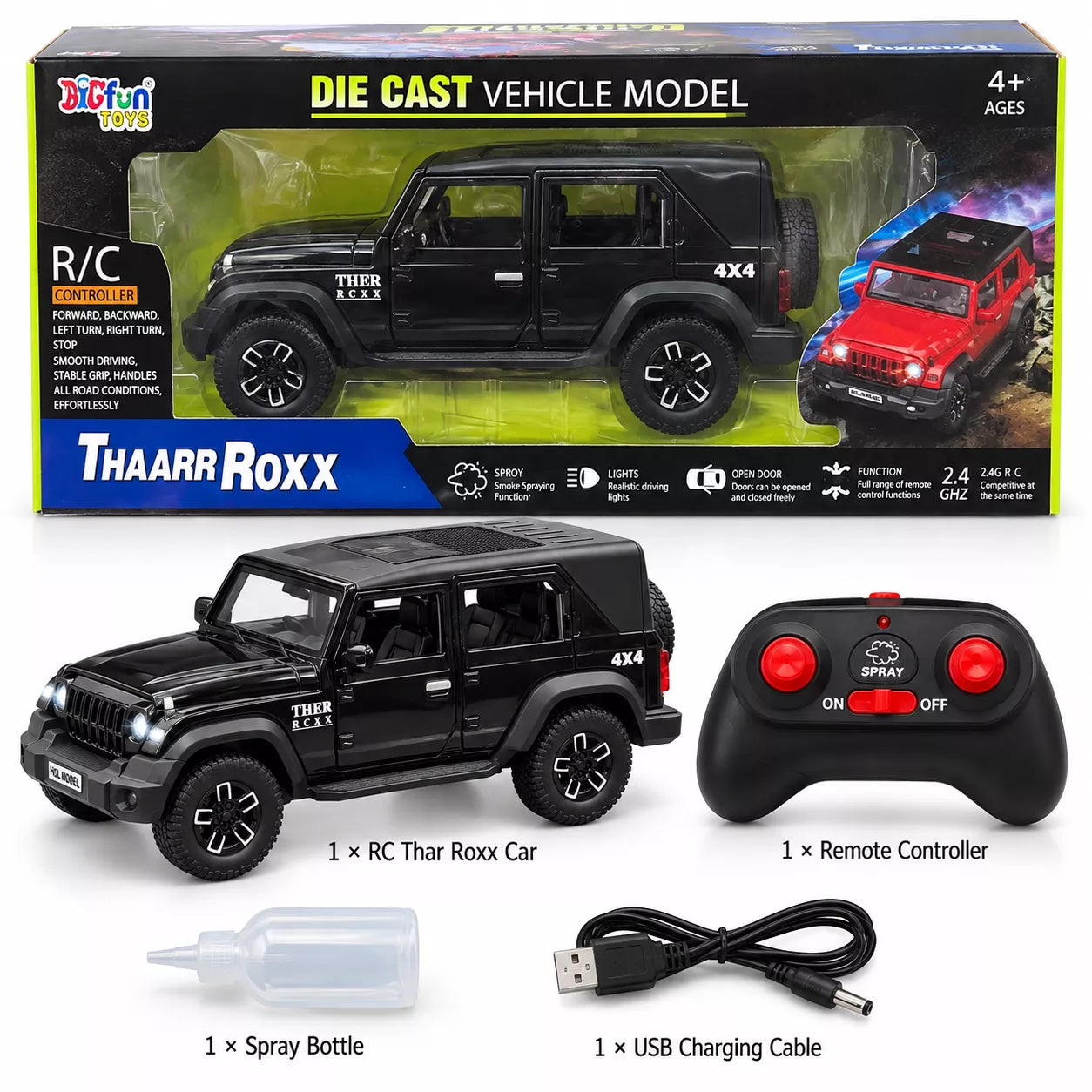 RC Thar Roxx 1:22 Die-Cast Metal Remote Control Car | 2.4GHz 4x4 SUV with Lights, Openable Doors, Spray Effect & 2-Speed Modes