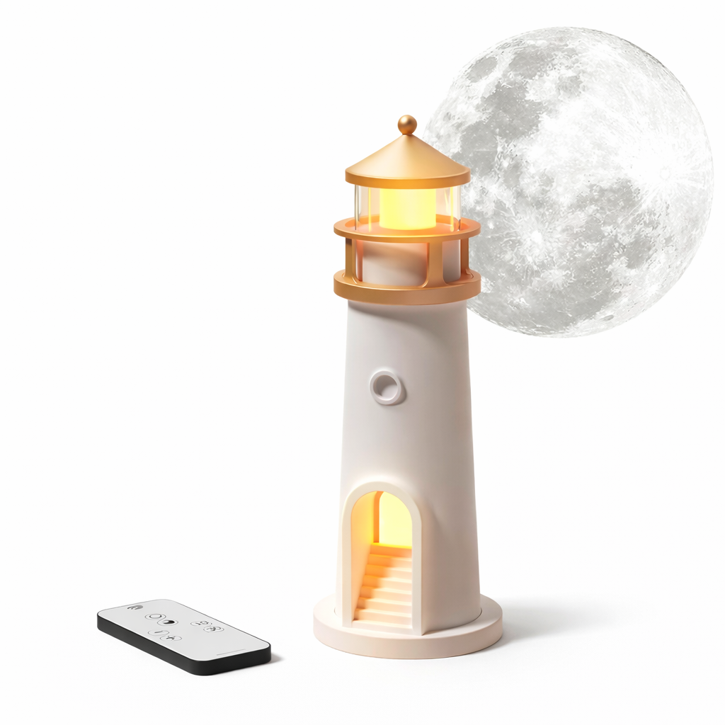 Lighthouse-shaped night light with remote control and moon in the background