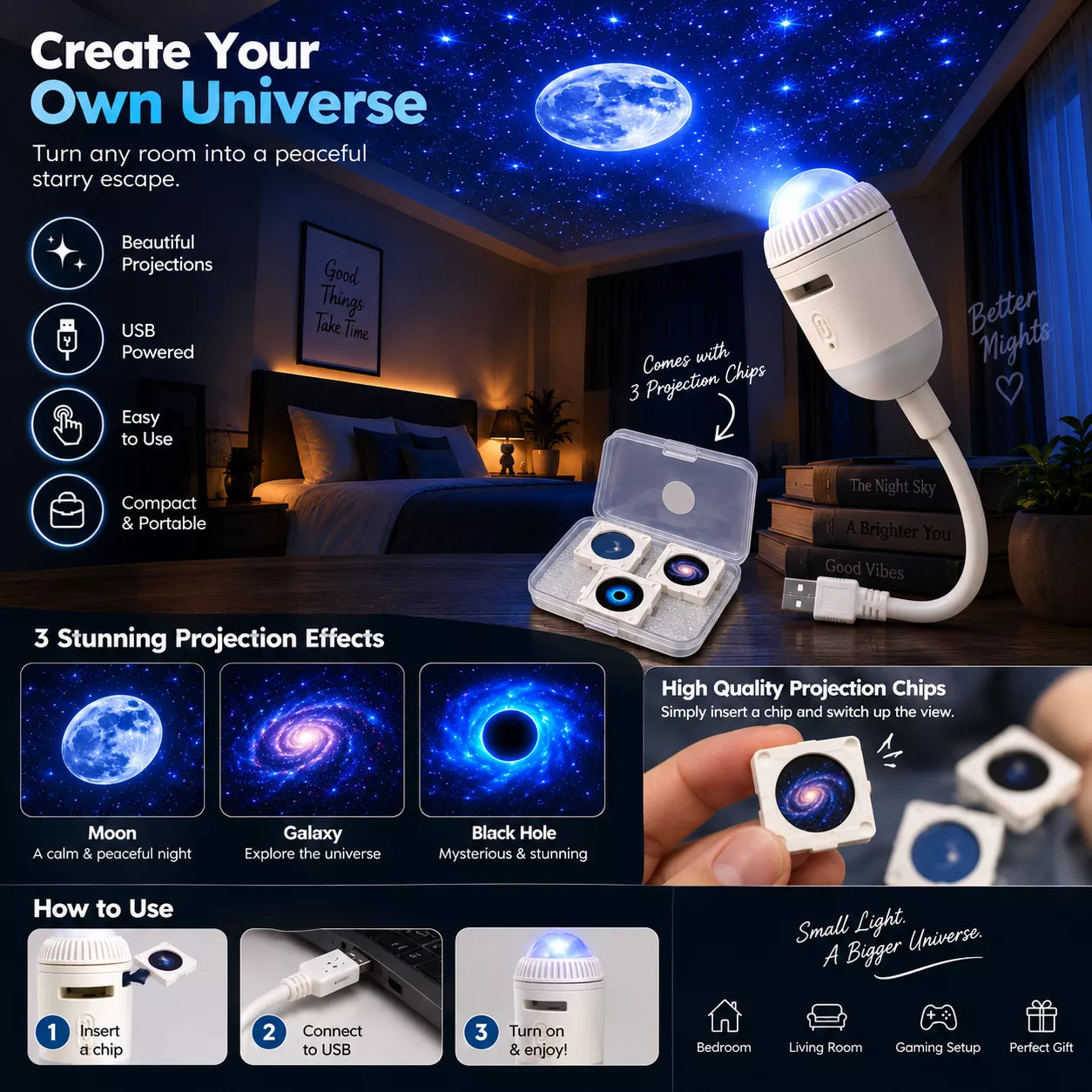 USB Starry Sky Projector with 3 Projection Chips | Moon, Galaxy & Black Hole Night Light