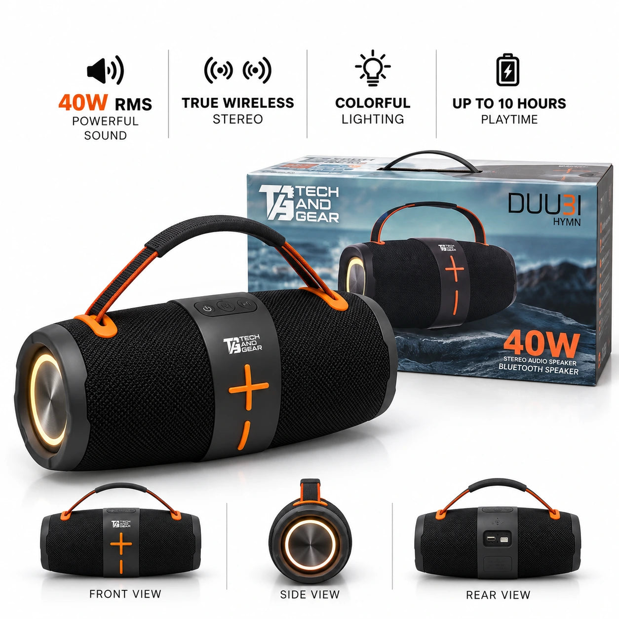 DUU3I HYMN 40W Bluetooth Speaker | Portable Boombox with Colourful Lights & 10-Hour Playtime