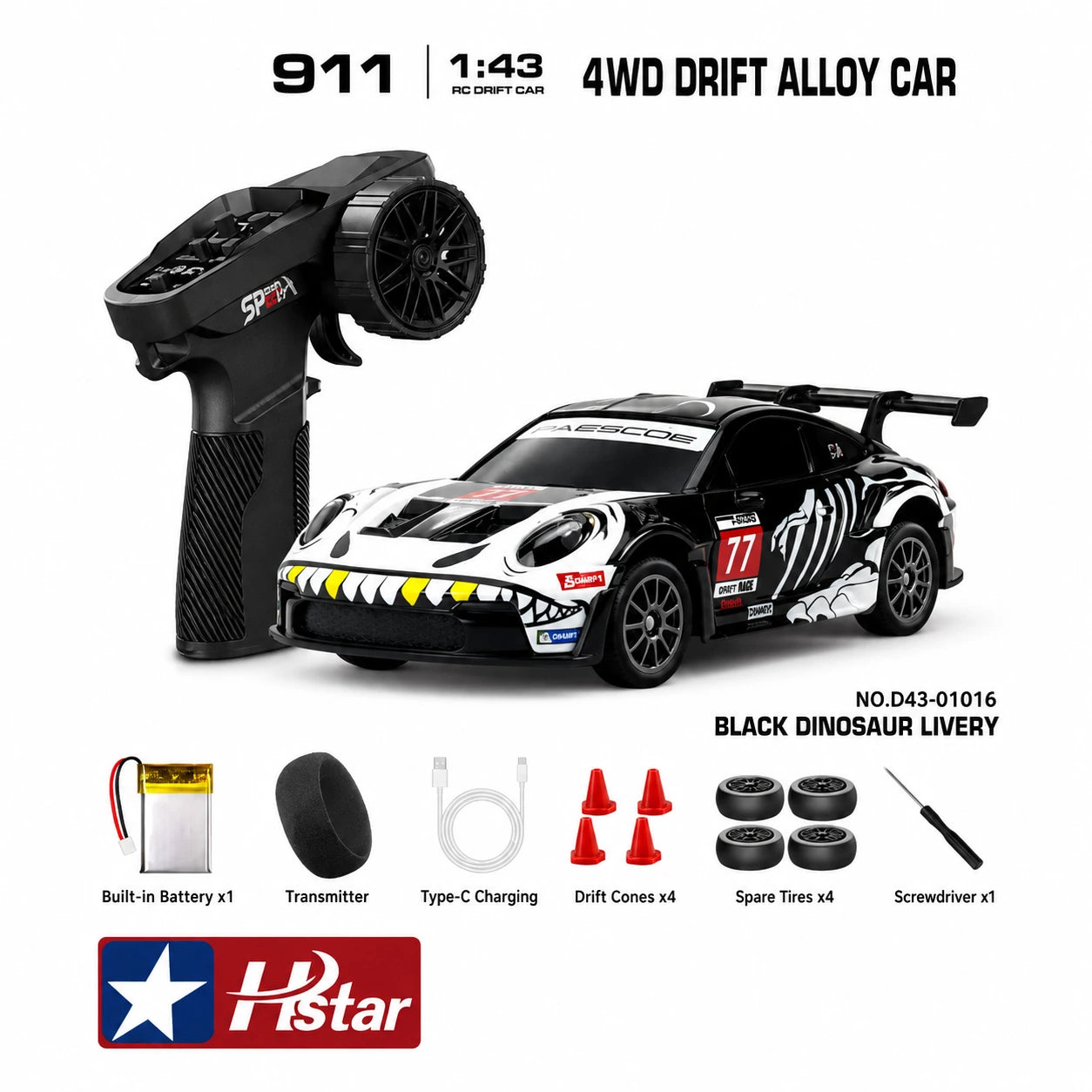 D43-01Q16 Porsche 911 Black Dinosaur Edition 1:43 4WD RC Drift Car with Gyro & LED Lights