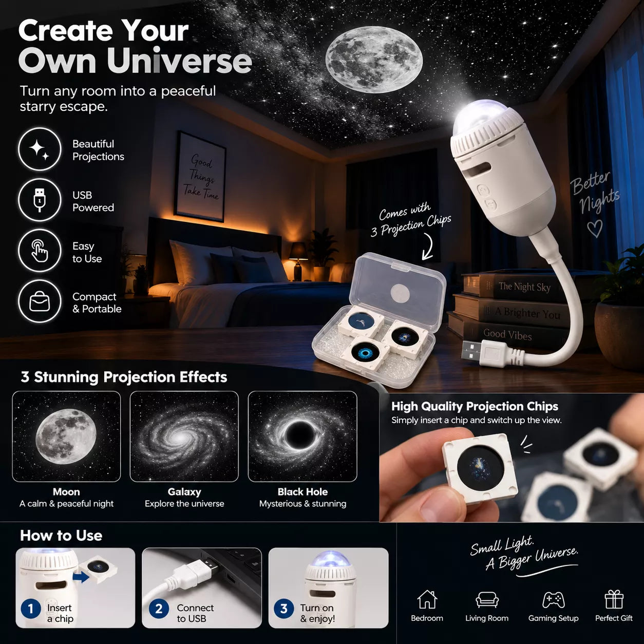 USB Starry Sky Projector with 3 Projection Chips | Moon, Galaxy & Black Hole Night Light