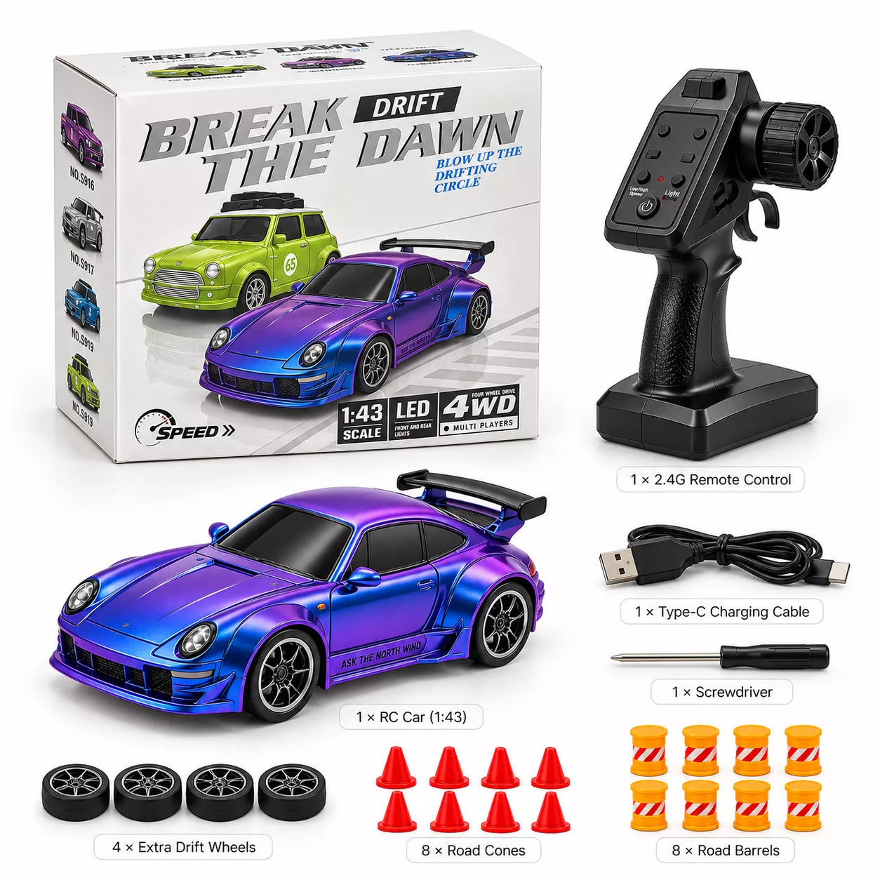 Porsche Gradient Purple RC Drift Racing Car | 1:43 Scale, 4WD, LED Lights & Remote Control