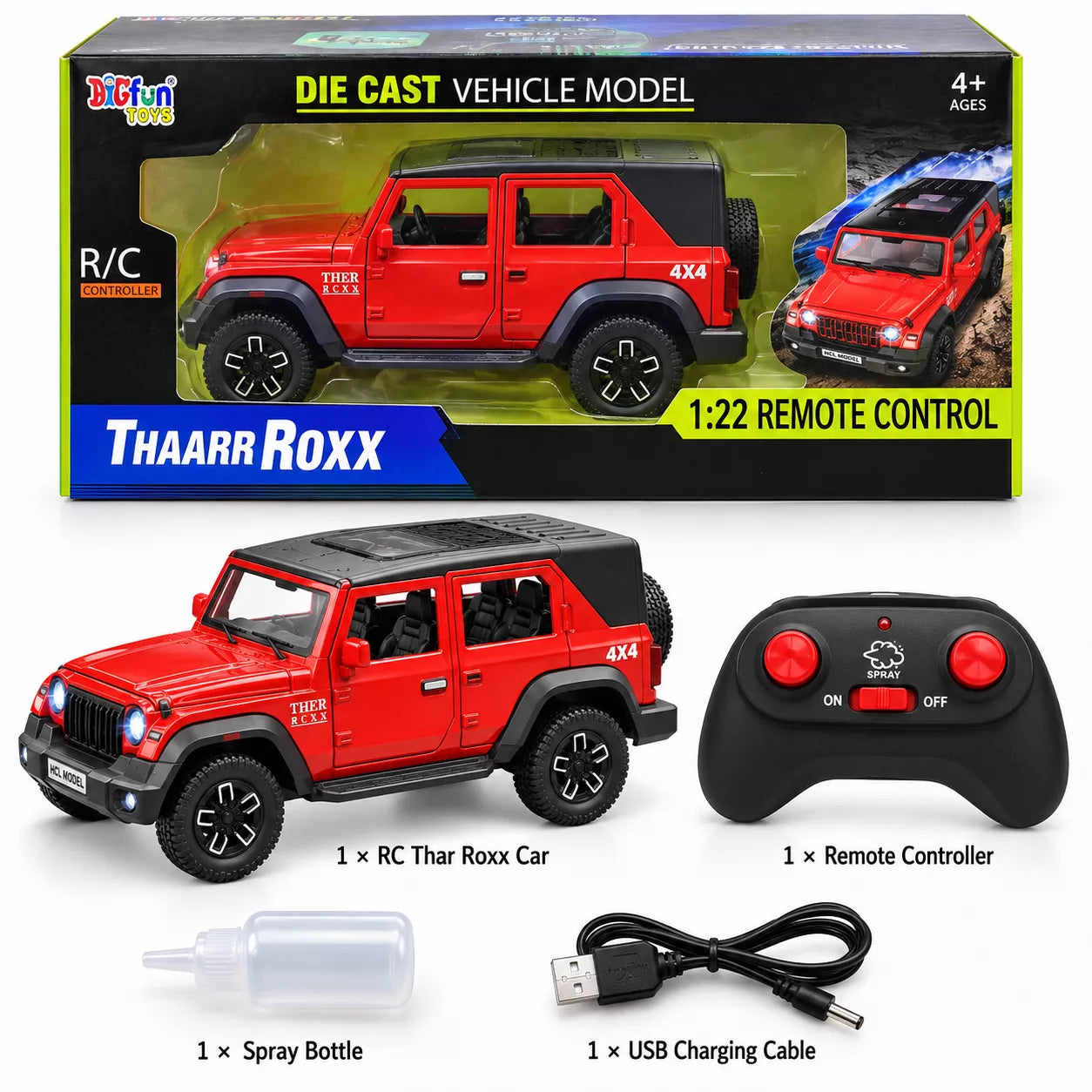 RC Thar Roxx 1:22 Die-Cast Metal Remote Control Car | 2.4GHz 4x4 SUV with Lights, Openable Doors, Spray Effect & 2-Speed Modes