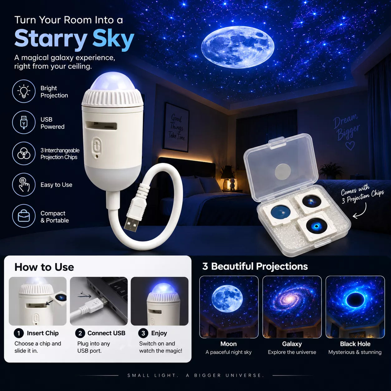 USB Starry Sky Projector with 3 Projection Chips | Moon, Galaxy & Black Hole Night Light