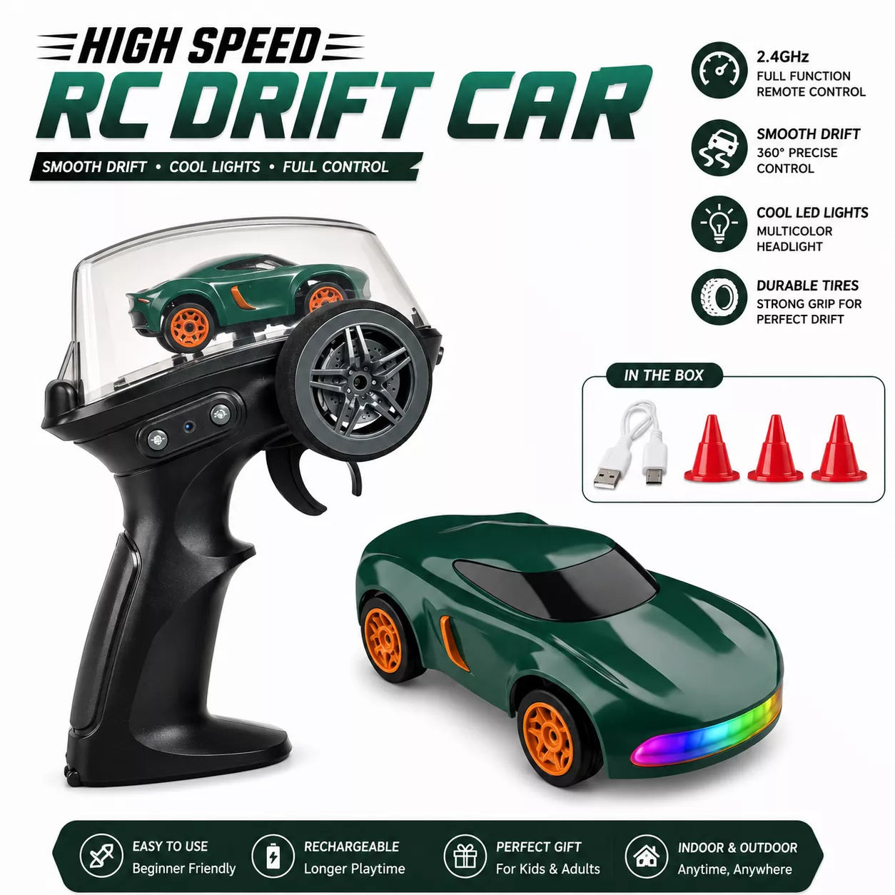 1:64 Mini RC Drift Car | 4WD High-Speed Racing Car with LED Lights (Bestseller)