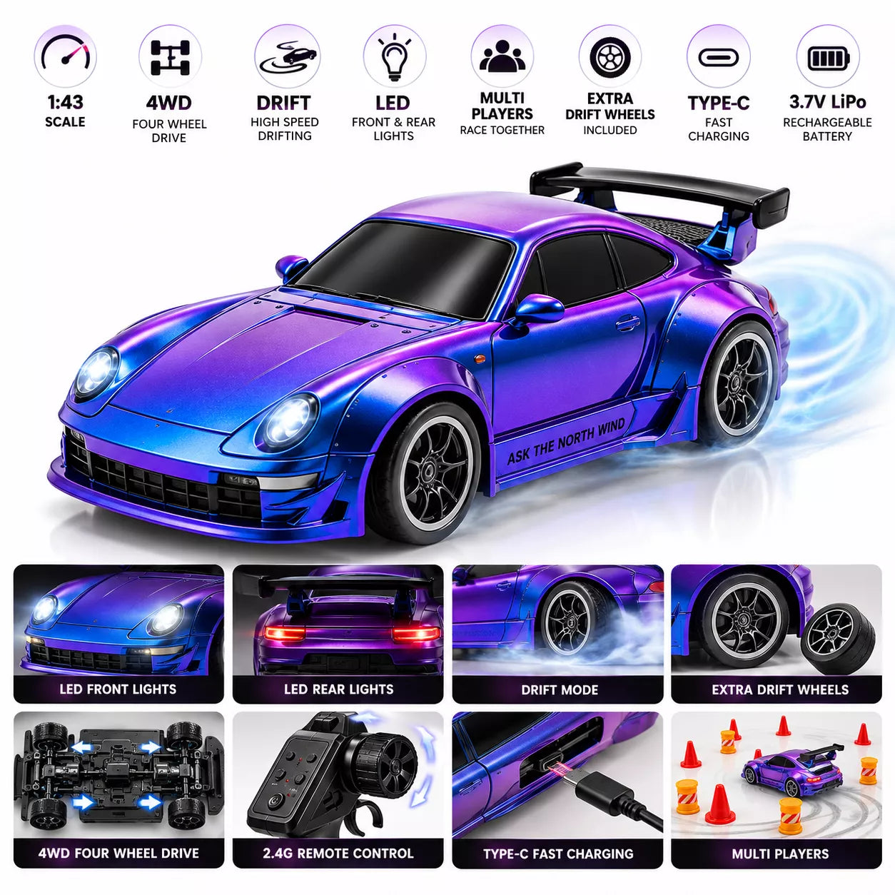 Porsche Gradient Purple RC Drift Racing Car | 1:43 Scale, 4WD, LED Lights & Remote Control