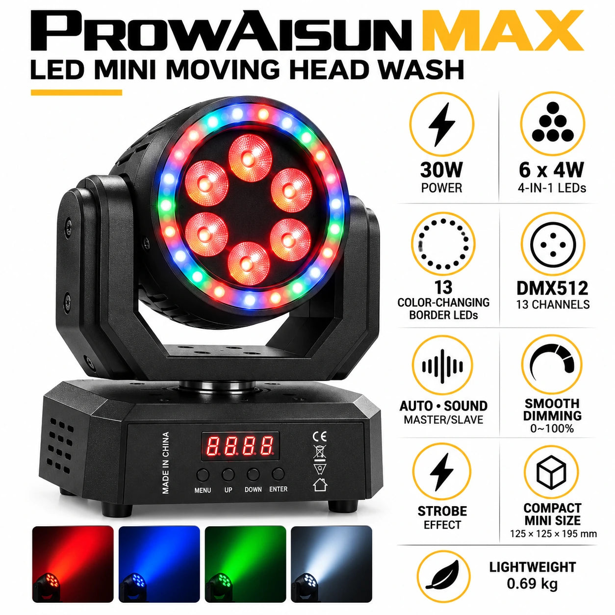 ProwAisun MAX 30W LED Mini Moving Head Wash Light with Remote