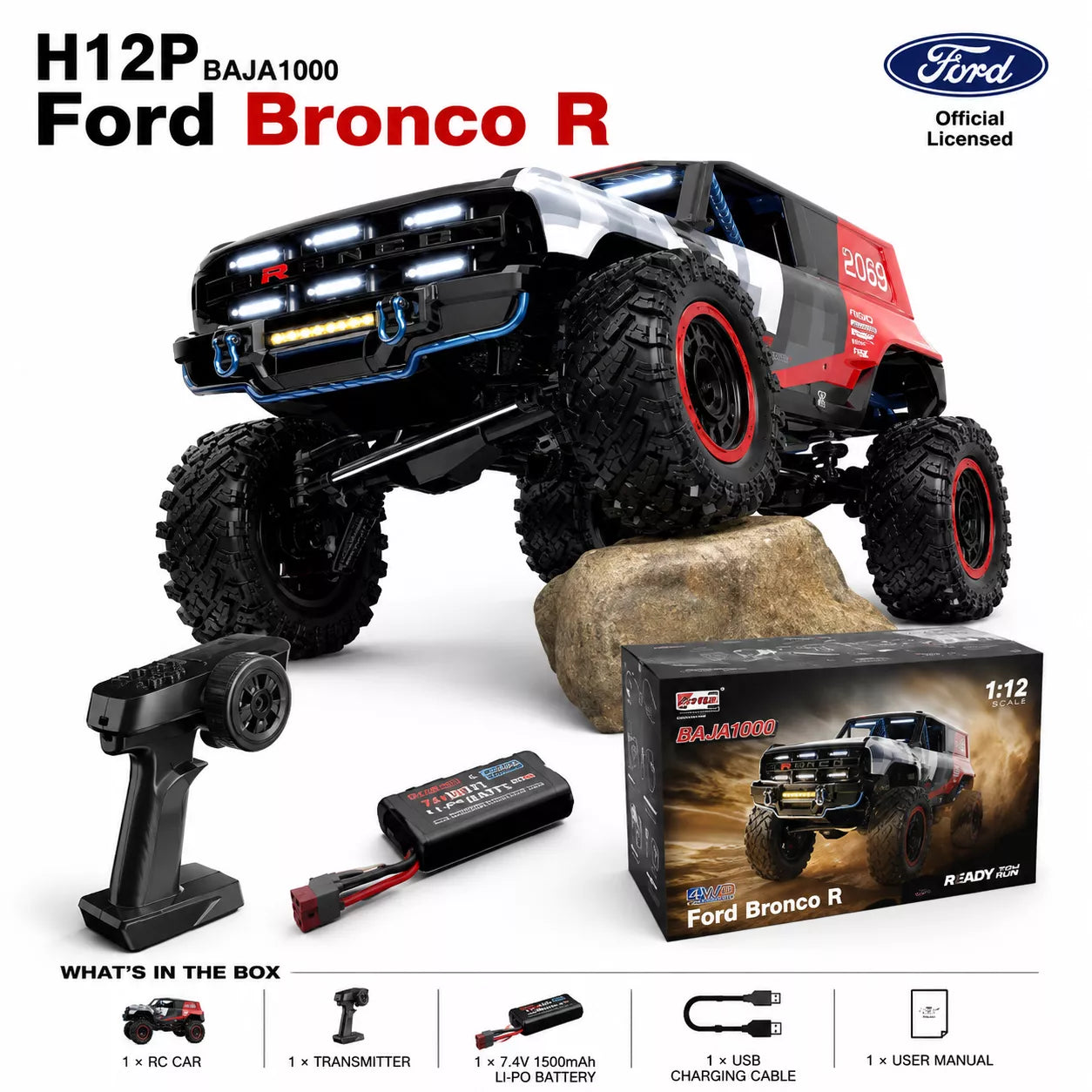 MJXRC H12P 1:12 Ford Bronco Baja 1000 Officially Licensed 4WD Brushless RC Crawler