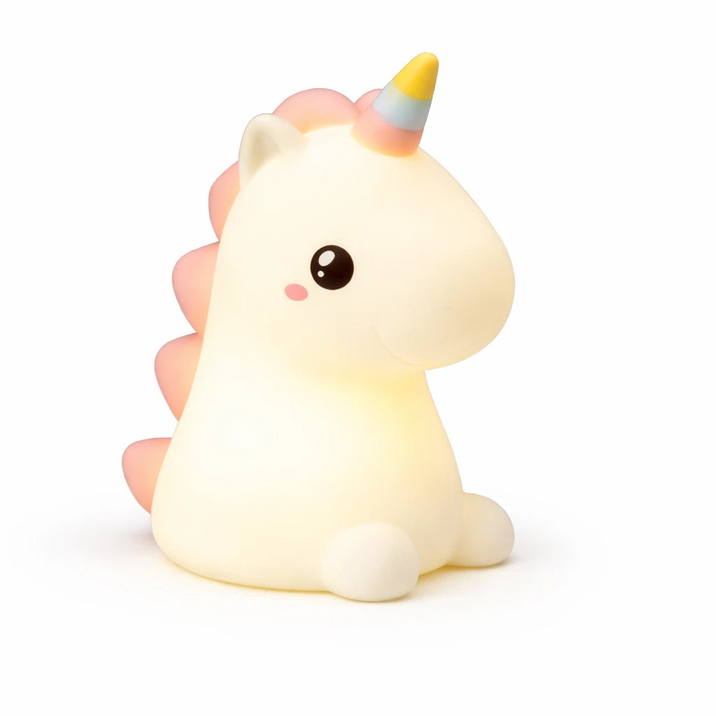 Unicorn-shaped night light with a rainbow horn on a white background