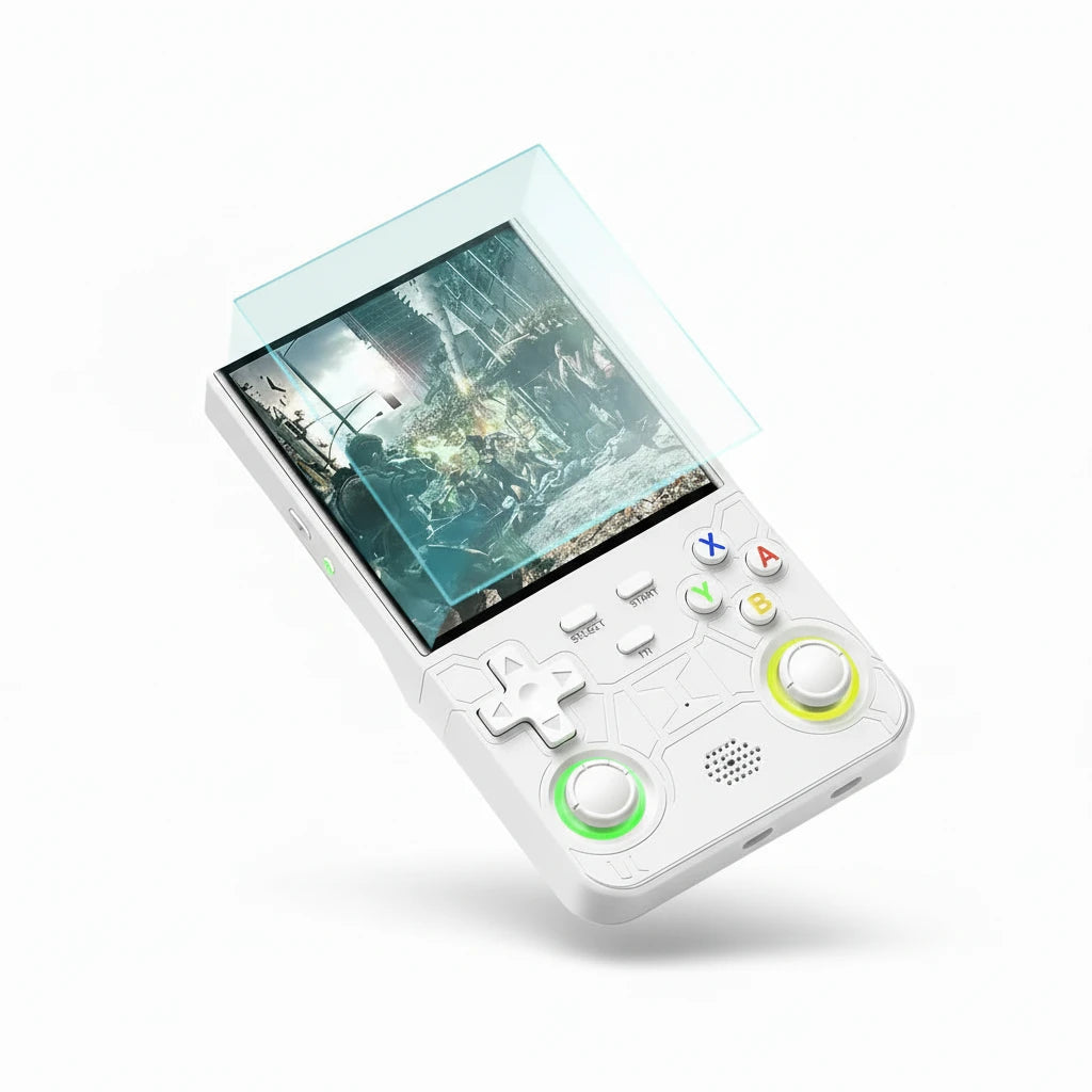 Handheld gaming console with screen protector on a white background