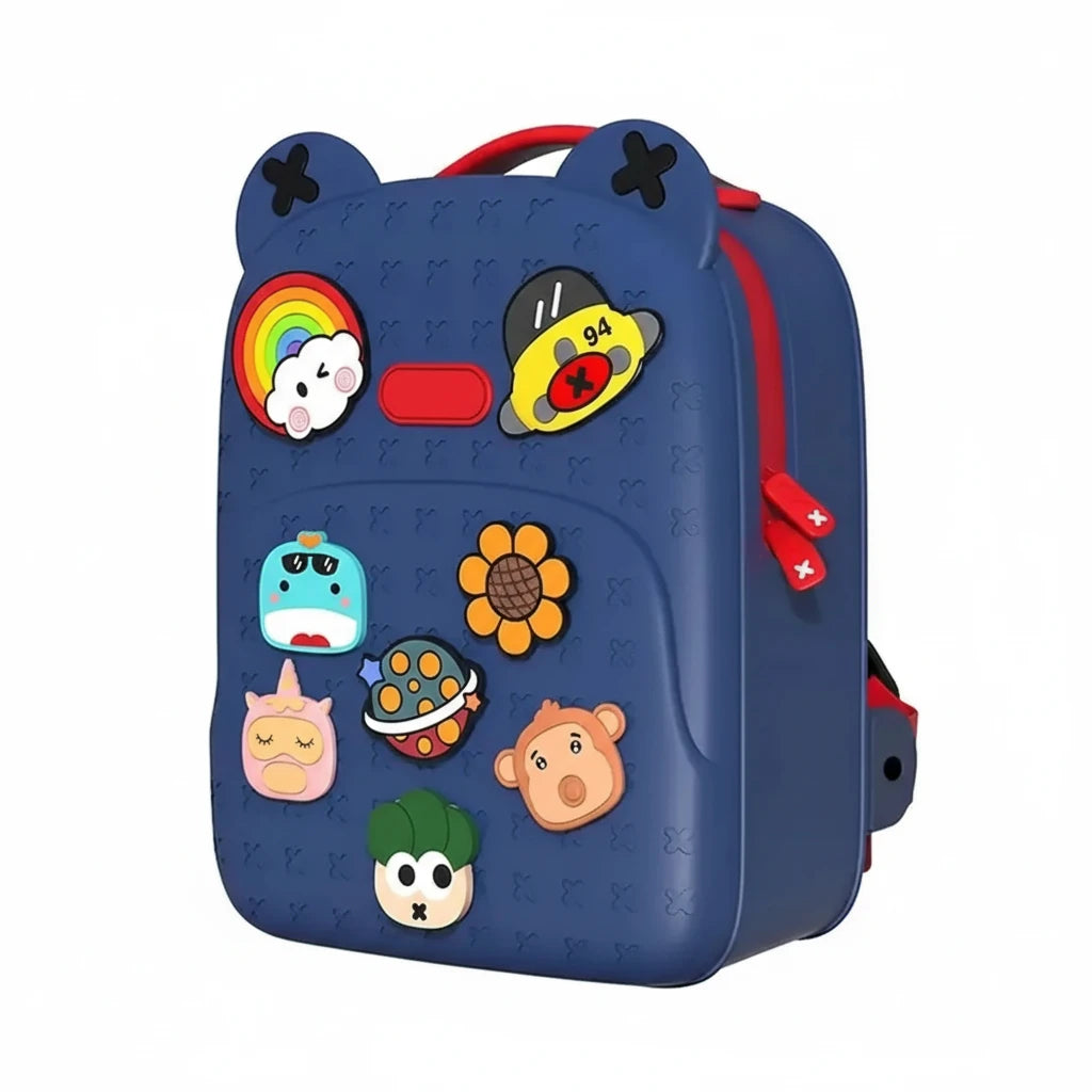 Blue children's backpack with colorful stickers on a white background