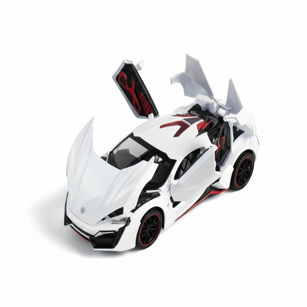 White toy car with black and red accents on a white background