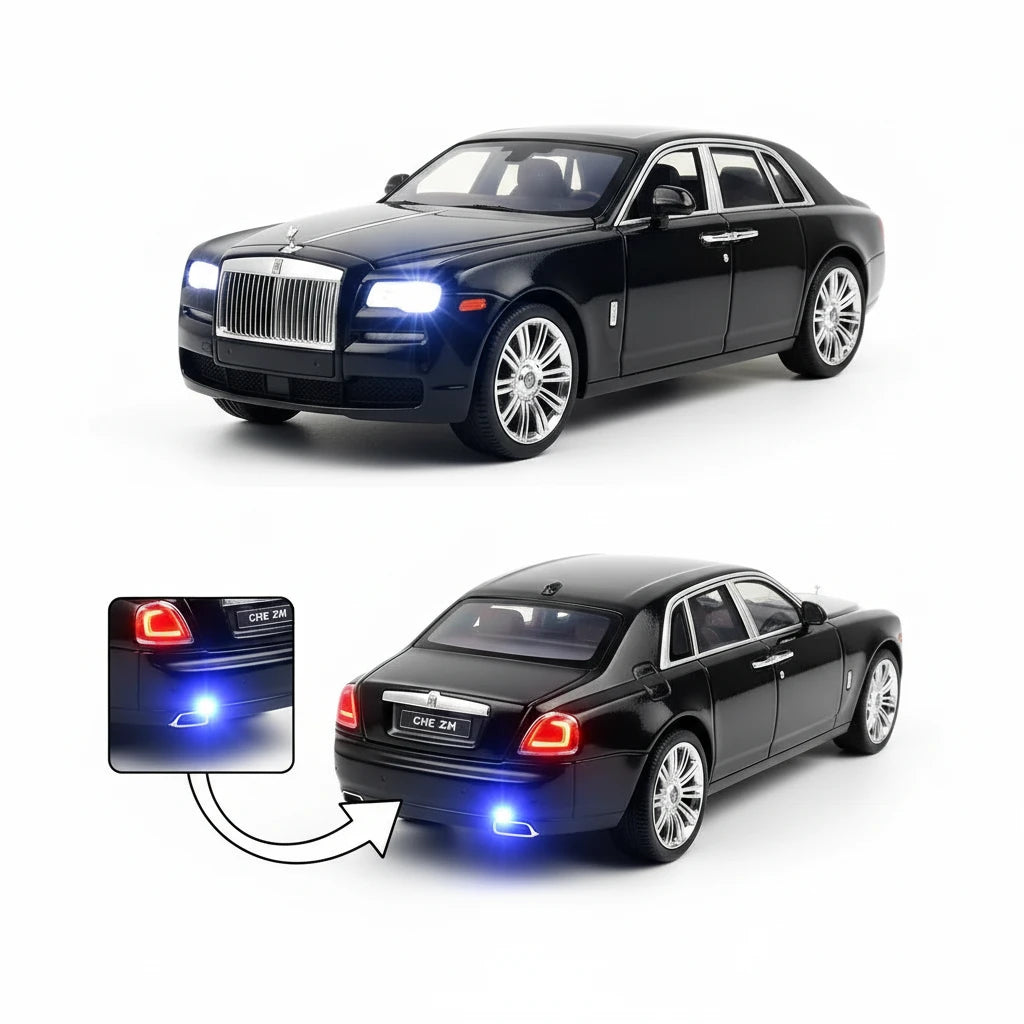 Black Rolls-Royce car with a smaller model car and light display on a white background