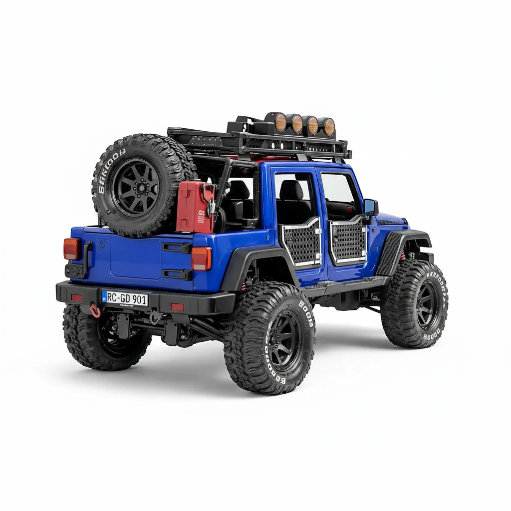Blue off-road vehicle with large tires on a white background