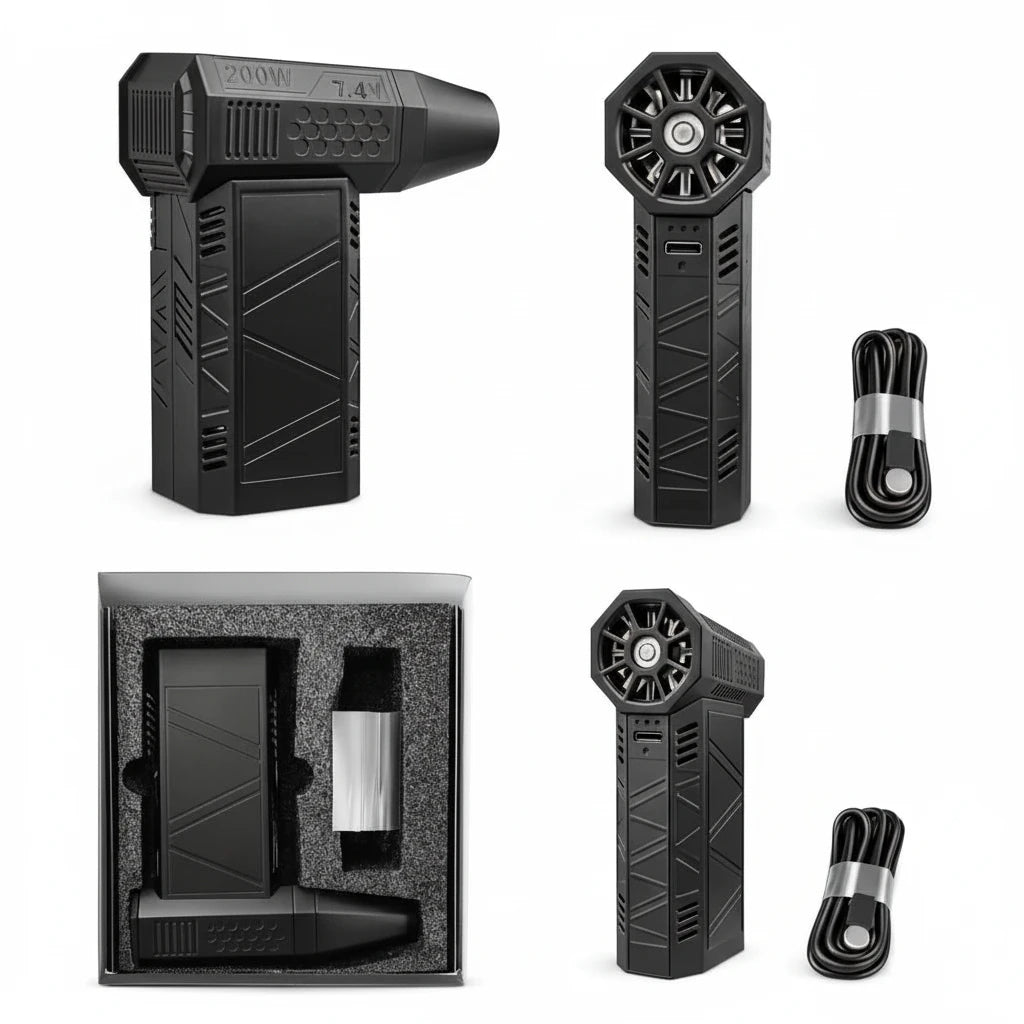 Black handheld tool with accessories on a white background