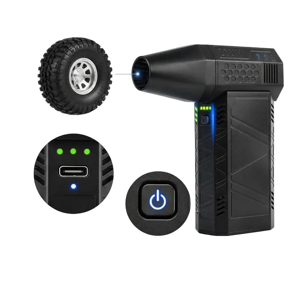 Black handheld device with attachments on a white background