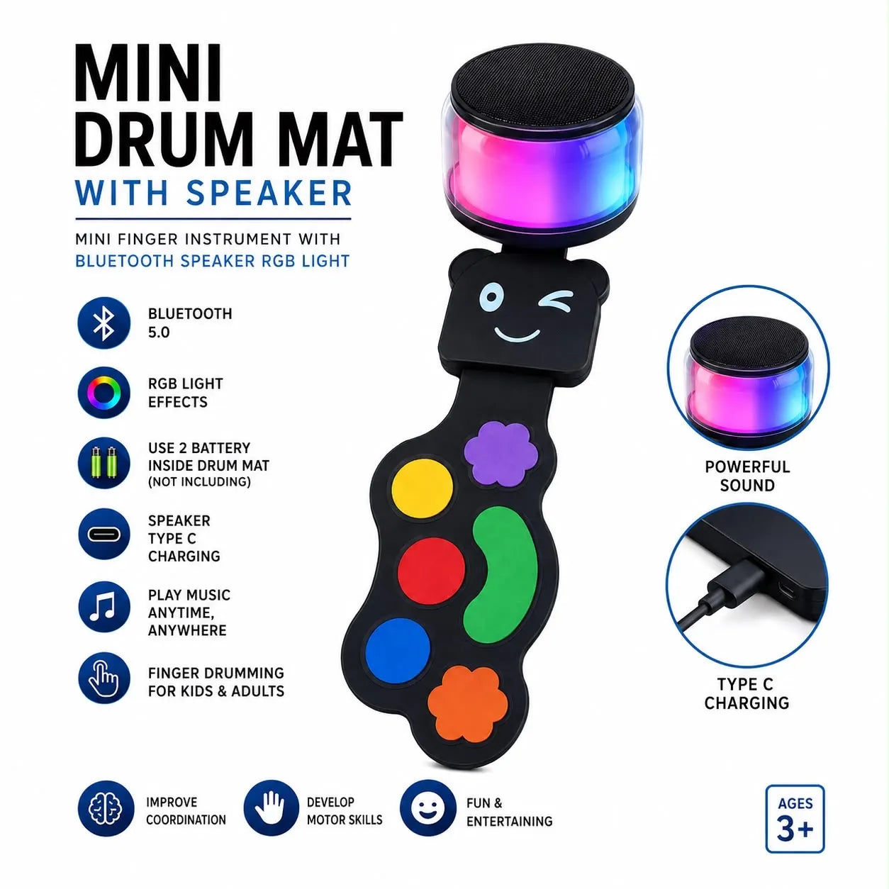 Mini Finger Drum Mat with Bluetooth Speaker