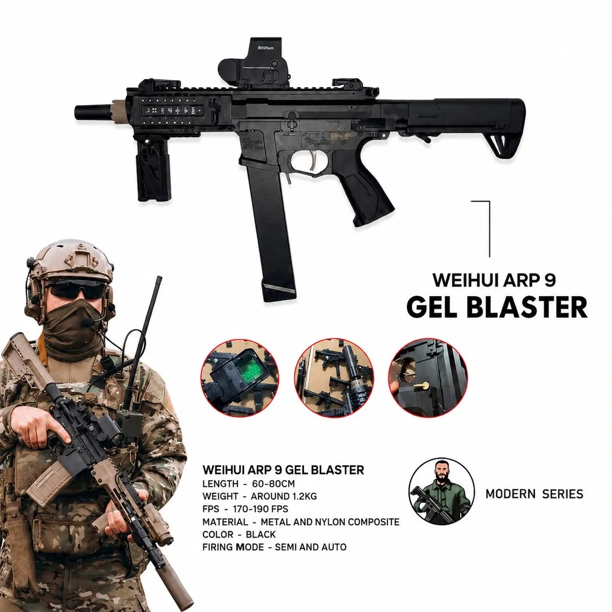 ARP9 Tactical Electric Gel Blaster Gun | 280+ FPS | Dual Magazine | Semi & Full Auto