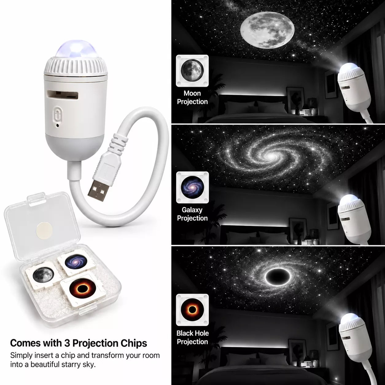 USB Starry Sky Projector with 3 Projection Chips | Moon, Galaxy & Black Hole Night Light