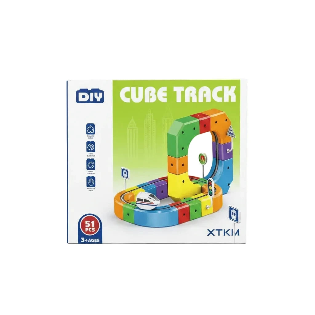 Box of DIY Cube Track toy set with colorful design on a white background