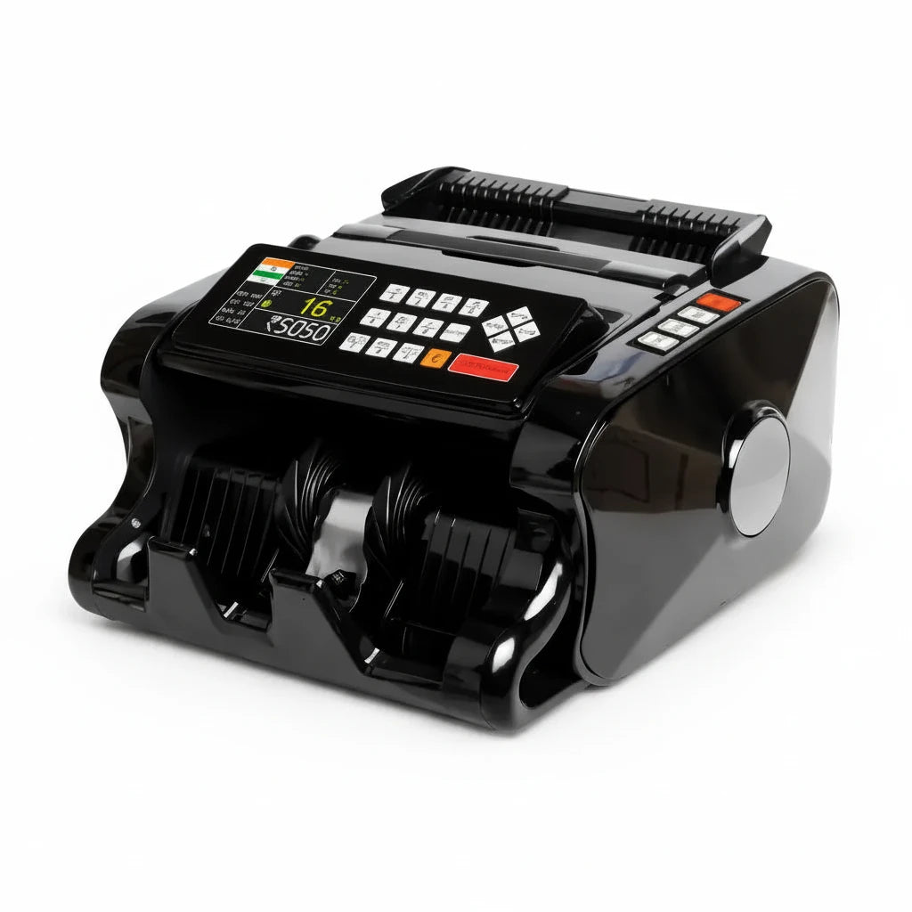 Black currency counting machine with digital display on a white background