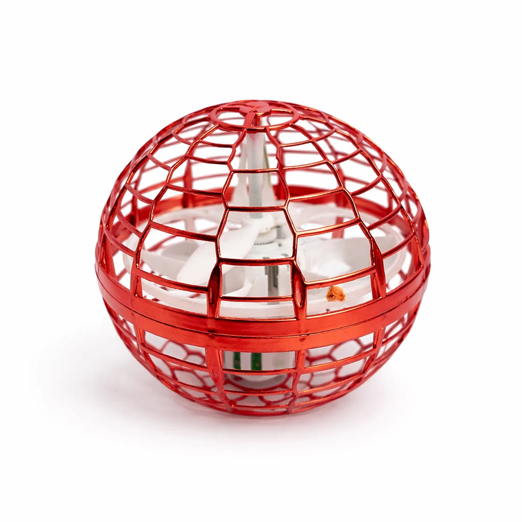 Red spherical object with a metallic interior on a white background